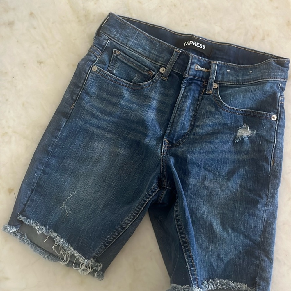 Express Bermuda High Rise Denim Perfect Stretch Plus Jean Shorts Dark Sz 0